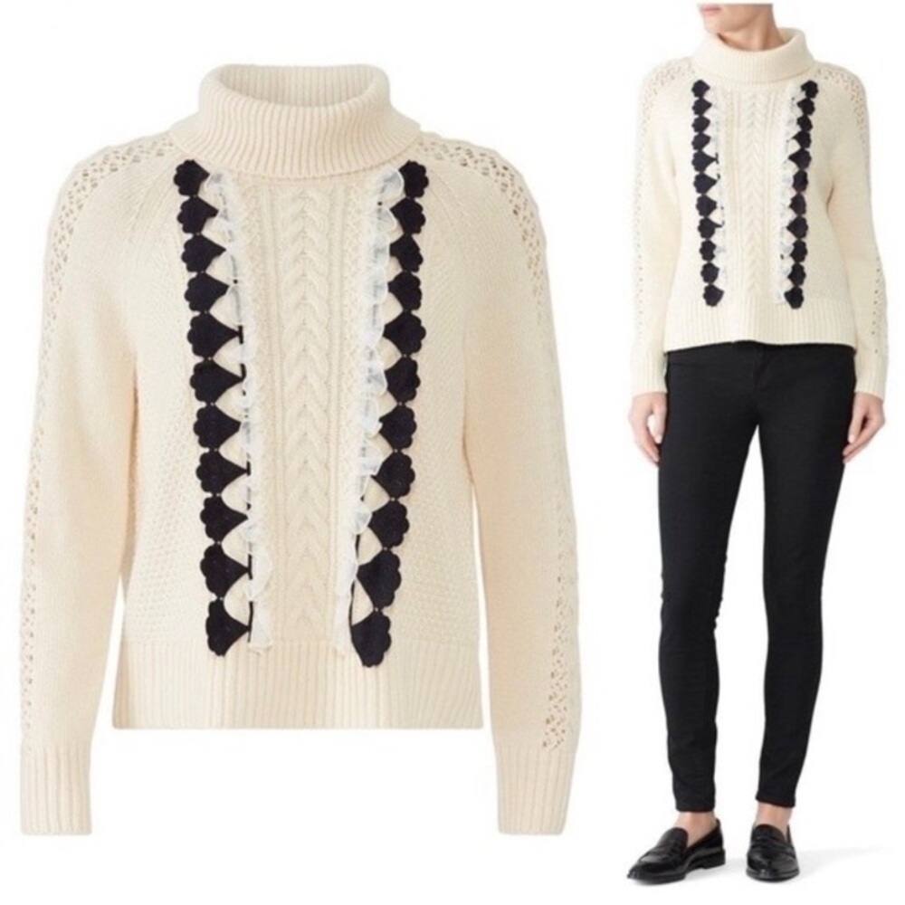 J.Crew Wool Blend Cable Knit Sweater Sz XS Embellished Lace Ruffle Preppy Boho